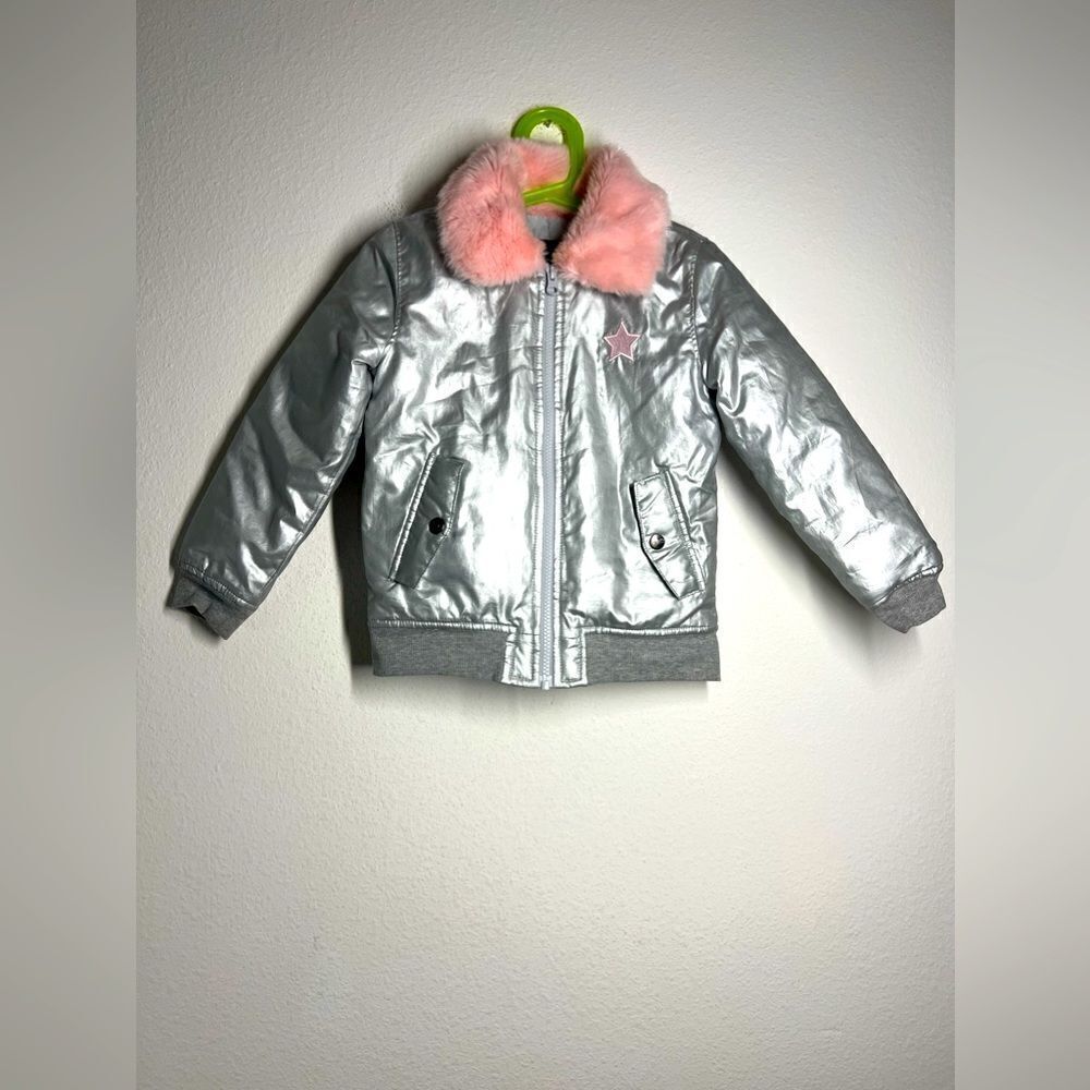 Girls Buffalo David Bitton Full Zip Silver Puffer Star Pink Faux Fur Jacket 5